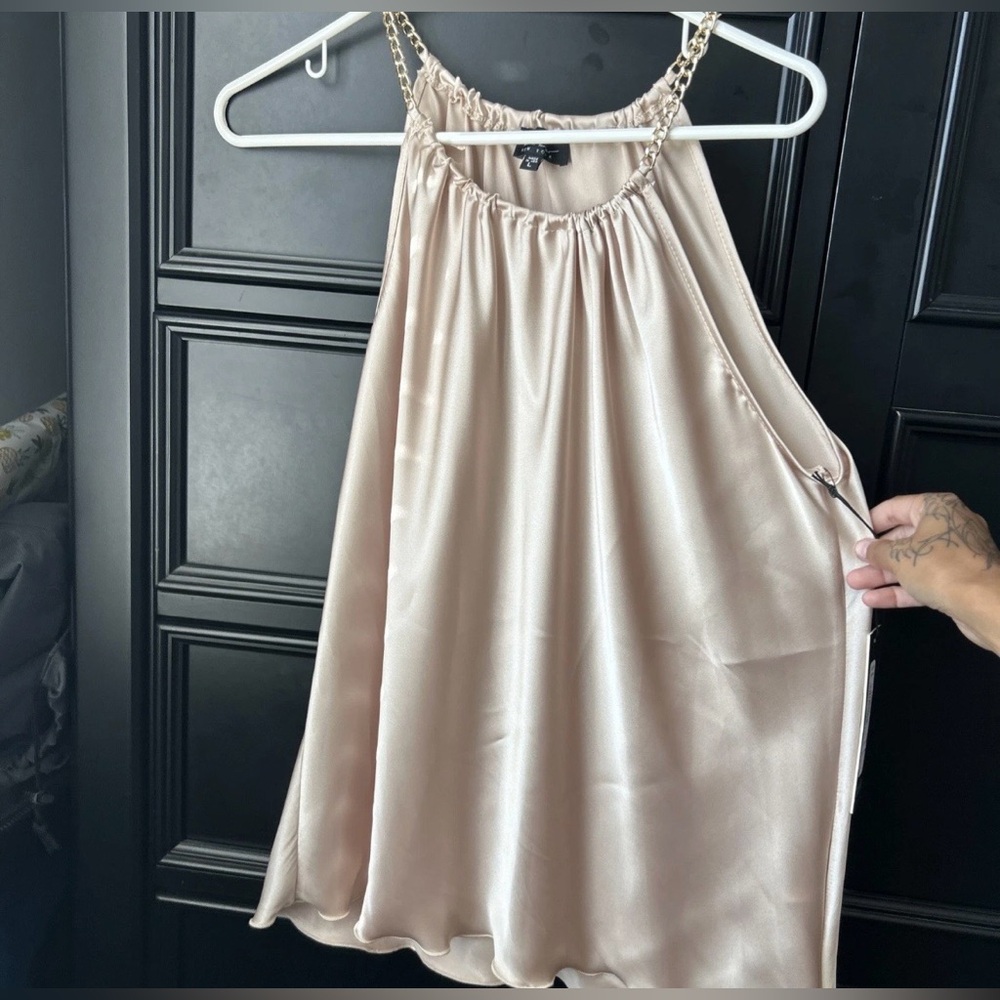 Nicole Miller Cream Satin Top with Chain Straps